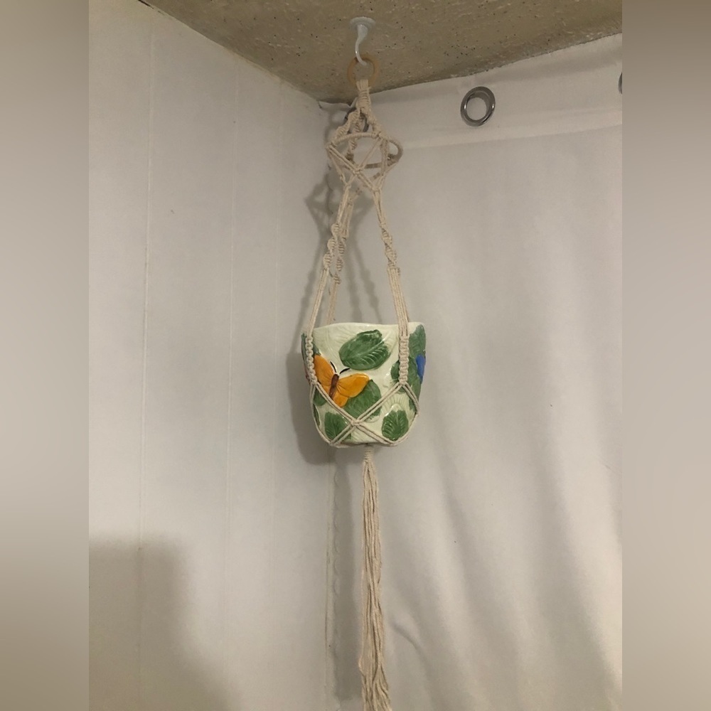 - White Macrame Plant Hanger with Pot. 37” long. NEW